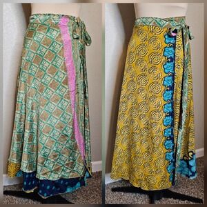 NWT Darn Good Yarn Sari Wrap Maxi Skirt Reversible Adjustable green gold